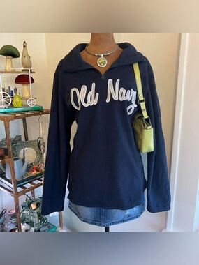 Casual Preppy Navy Blue Old Navy Logo Fleece Quarter Zip Jacket
